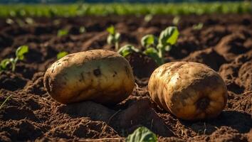 ai gegenereerd aardappel oogst Aan de grond dichtbij omhoog foto