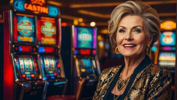 ai gegenereerd mooi ouderen vrouw spelen casino sleuf machine foto