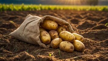 ai gegenereerd oogst aardappel zak Aan de grond foto