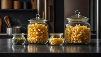 ai gegenereerd glas potten met droog geassorteerd pasta in de keuken foto