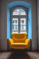 ai gegenereerd modern geel fauteuil in een knus interieur met natuurlijk licht foto