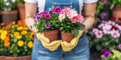 ai gegenereerd tuinman Holding kleurrijk ingemaakt bloemen Bij een kinderkamer foto