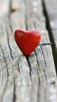 ai gegenereerd rood hart vorm Aan verweerd houten achtergrond foto