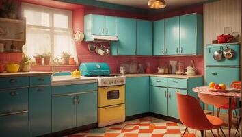 ai gegenereerd retro kleur keuken foto