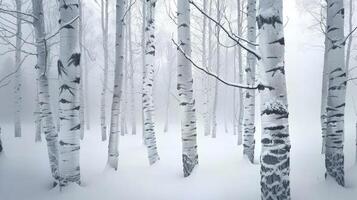 ai gegenereerd besneeuwd boomstammen van berk bomen in winter Woud foto