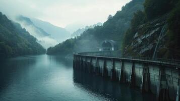 ai gegenereerd een dam met een hydro-elektrisch macht fabriek naar de bebost platteland. hernieuwbaar energie concept foto