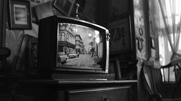 ai gegenereerd historisch TV met zwart en wit afbeelding. een gevoel van nostalgie en melancholie foto