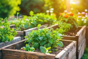 ai gegenereerd verheven tuin bedden gevulde met bloeiend groenten in achtertuin foto