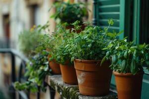 ai gegenereerd vers groen kruiden basilicum, rozemarijn en koriander in potten Aan de terras van de huis foto