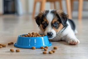 ai gegenereerd een klein puppy looks verwijtend Bij een blauw kom vol van hond voedsel verspreide Aan de vloer. foto