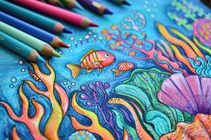ai gegenereerd kleurrijk onderwater- tafereel getrokken met gekleurde potloden foto