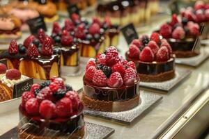 ai gegenereerd geassorteerd cakes in een winkel venster voor uitverkoop foto