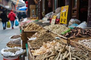 ai gegenereerd assortiment van droog planten gebruikt voor traditioneel Chinese kruiden geneesmiddel. markt in de straat foto