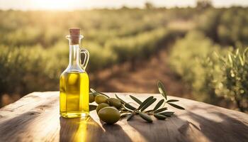 ai gegenereerd olijf- olie en olijf- olie fles Aan een houten tafel in een veld- met olijf- bomen foto