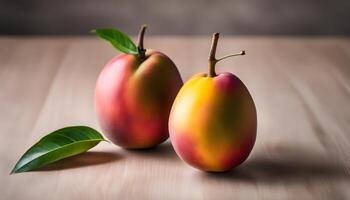 ai gegenereerd twee mango's Aan een houten tafel foto