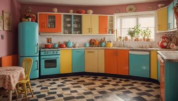 ai gegenereerd retro kleur keuken foto