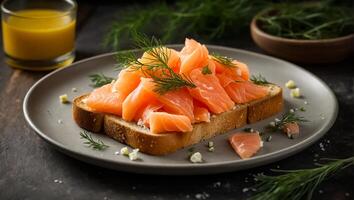 ai gegenereerd brood met vers Zalm gesneden heerlijk Zalm Aan een bord foto