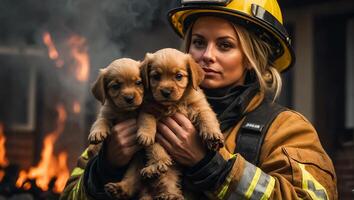 ai gegenereerd portret van een vrouw brandweerman Holding een gered puppy in haar armen foto