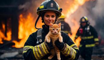 ai gegenereerd portret van een vrouw brandweerman Holding een gered katje in haar armen foto