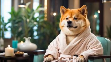 ai gegenereerd mooi hond in een badjas in een spa salon resting foto