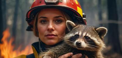 ai gegenereerd vrouw brandweerman houdt een gered wasbeer in haar armen foto