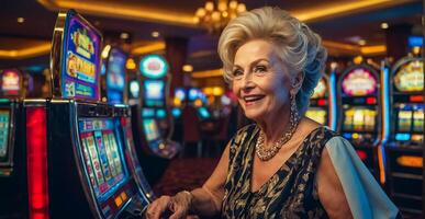 ai gegenereerd mooi ouderen vrouw spelen casino sleuf machine foto