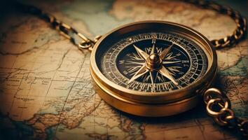 ai gegenereerd antiek wijnoogst kompas, wereld kaart foto