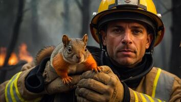 ai gegenereerd mannetje brandweerman houdt een gered eekhoorn in zijn armen foto