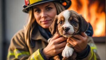 ai gegenereerd portret van een vrouw brandweerman Holding een gered puppy in haar armen foto