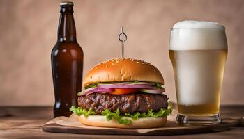 ai gegenereerd een Hamburger en bier Aan een houten tafel foto