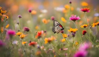 ai gegenereerd een vlinder is zittend Aan een veld- van bloemen foto