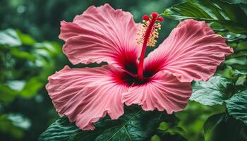 ai gegenereerd een groot roze hibiscus bloem is in de midden- van een groen achtergrond foto