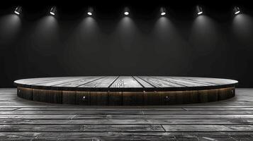 ai gegenereerd een stadium met een houten verdieping en spotlight foto