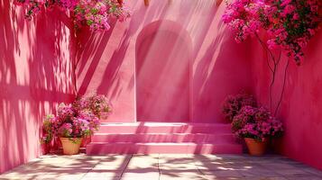 ai gegenereerd een roze muur met bloemen en stappen leidend naar een deur foto