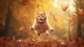 ai gegenereerd vliegend kat met herfst bladeren foto