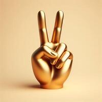 ai gegenereerd 3d goud trofee hand- beeldhouwwerk tonen de aantal twee met midden- en inhoudsopgave vinger, vrede teken gebaar tegen een zacht beige achtergrond. foto
