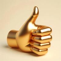 ai gegenereerd een gouden 3d duimen omhoog hand- symbool, zeer gedetailleerd en realistisch, reeks tegen een zacht beige achtergrond foto