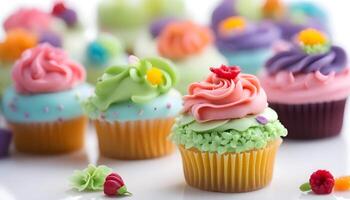 ai gegenereerd veel kleurrijk cupcakes zijn getoond Aan een wit oppervlakte foto