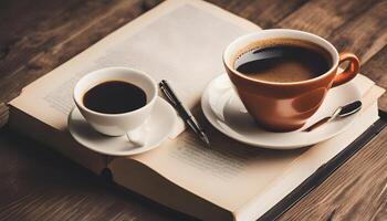 ai gegenereerd koffie en boek Aan houten tafel foto