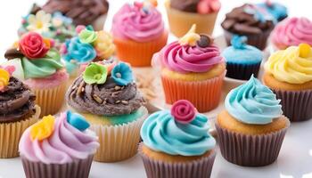 ai gegenereerd veel verschillend gekleurde cupcakes Aan een wit bord foto