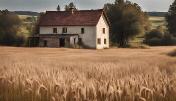 ai gegenereerd een huis in een veld- van hoog gras foto