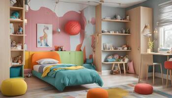 ai gegenereerd een kleurrijk kinderen slaapkamer met een bed, bureau en stoel foto