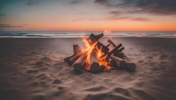 ai gegenereerd vreugdevuur Aan de strand Bij zonsondergang foto