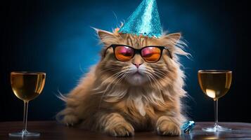 ai gegenereerd een humoristisch kat is vieren terwijl vervelend feestelijk verjaardag zonnebril foto