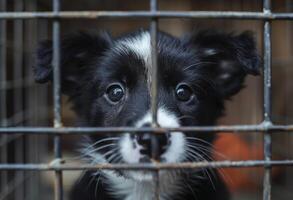 ai gegenereerd een weinig zwart en wit puppy in een kooi foto