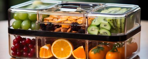ai gegenereerd een Doorzichtig plastic lunch doos, met gesneden fruit en snacks foto