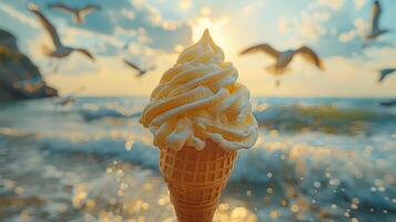 ai gegenereerd persoon genieten van een ijs room ijshoorntje door de strand, met de geluid van golven in de achtergrond foto