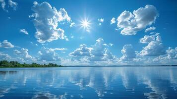 ai gegenereerd lichaam van water omringd door bomen en wolken foto