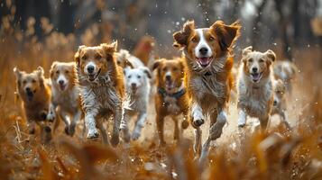 ai gegenereerd groep van honden rennen door veld- foto