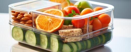 ai gegenereerd een Doorzichtig plastic lunch doos, met gesneden fruit en snacks foto